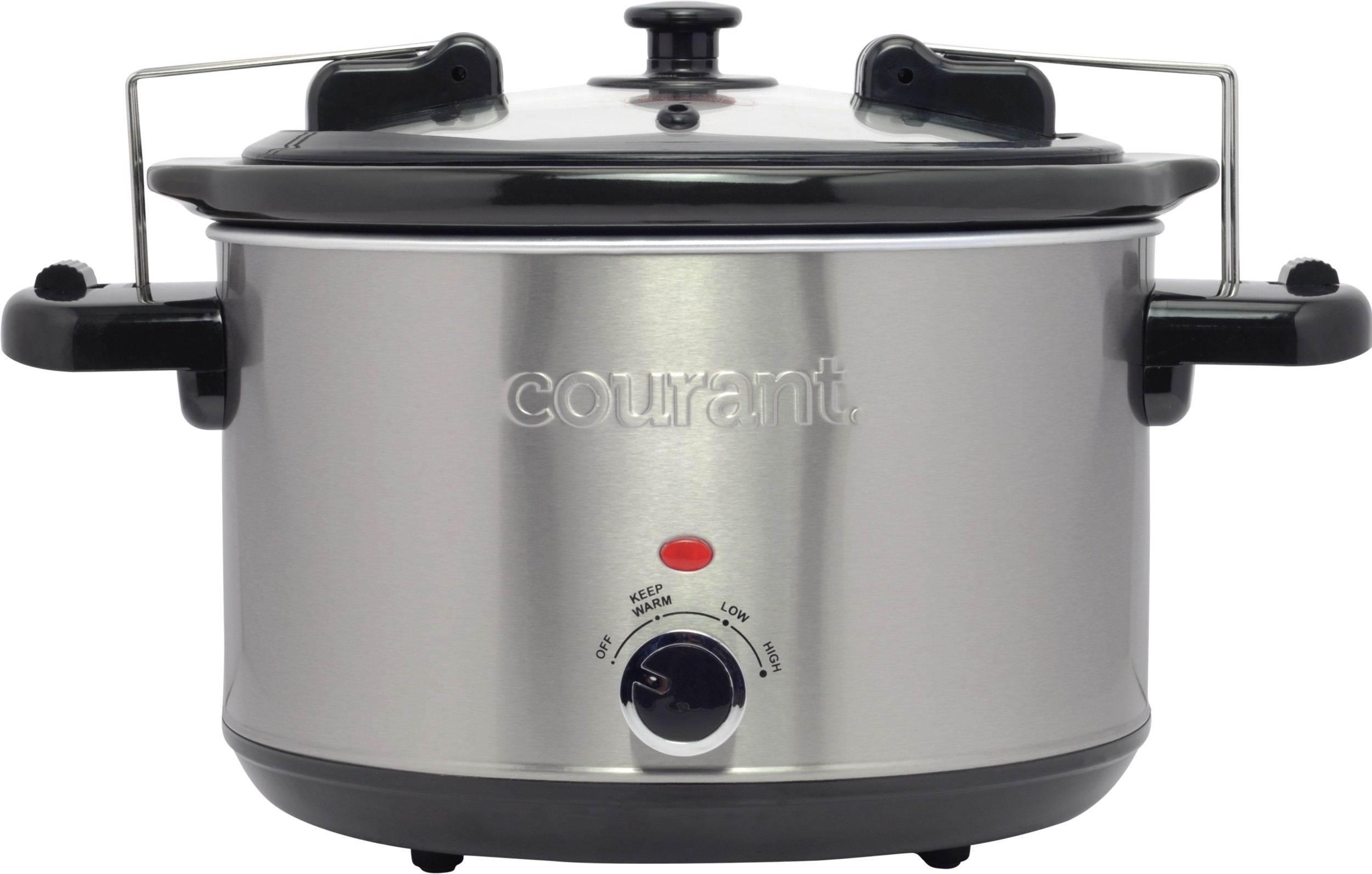 Courant Slow Cooker 3.2 Quart Crock Dishwasher Safe Stainproof Pot and  Glass Lid, Round Manual Slow Cooker, Red Stainless Steel