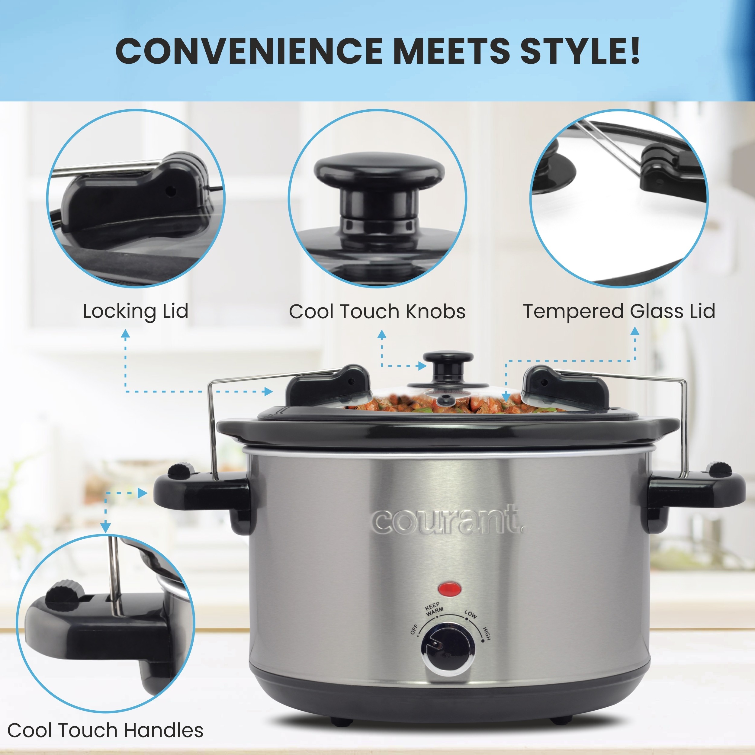Courant 6-Qt. Slow Cooker with Locking Lid, Warm Settings, Stainproof Stoneware Pots, Stainless Steel, Silver