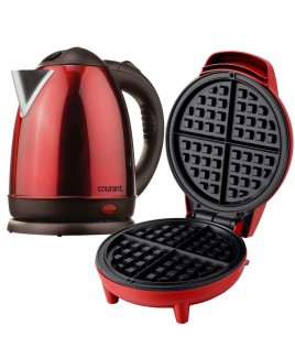 Personal Waffle Maker and 1.5 Liter Cordless Electric Kettle Bundle - Red